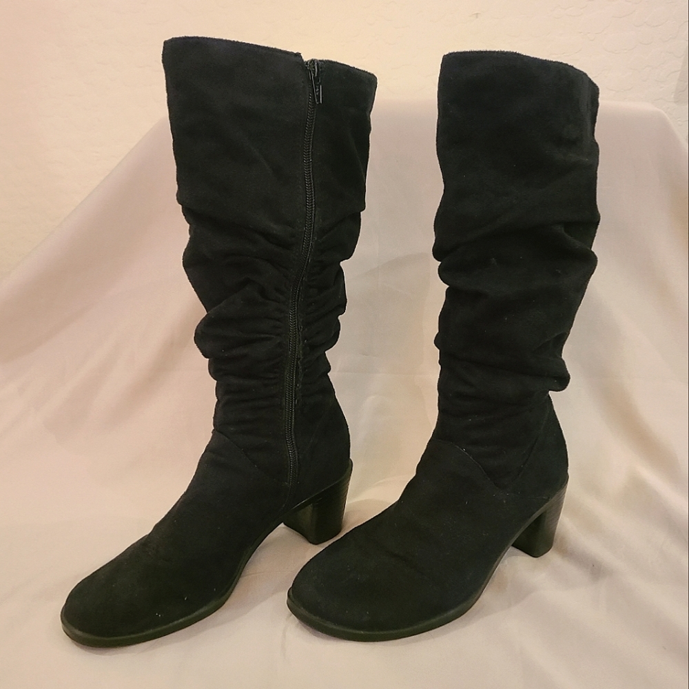 White Stag Black Faux Suede Chunky Heeled Knee High Boots Adult Womens Size 7